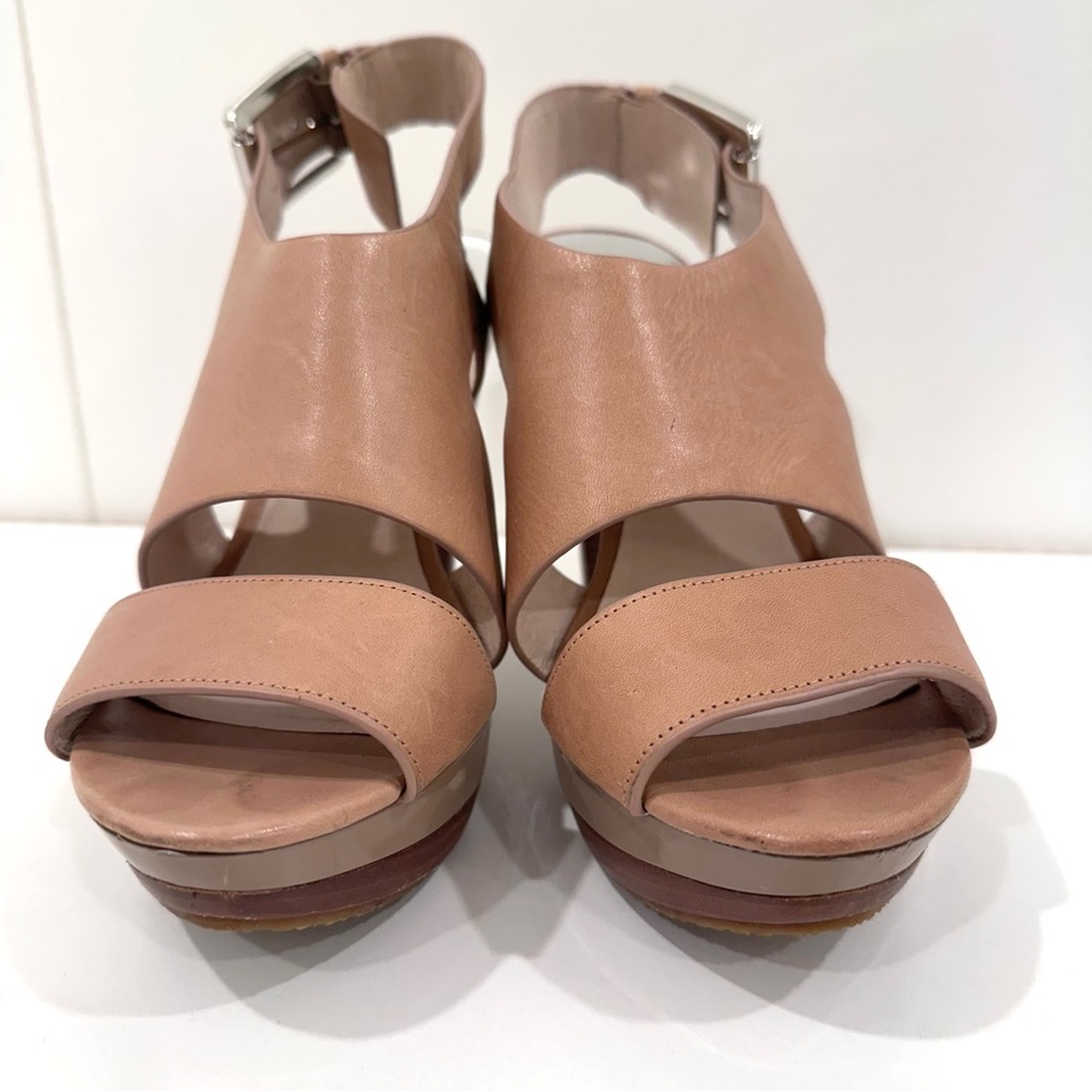Michael Kors Tan Leather Platform Wooden Women's Heels Sandals 9.5 - Picture 2 of 9
